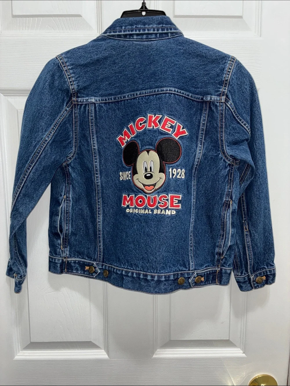 Disney Mickey Mouse Denim JEAN Jacket LARGE Patch Sz 7/8